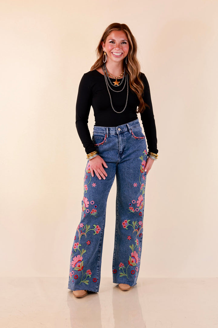 Artfully Yours Straight Leg Raw Hem Embroidered Denim Jeans in Medium Wash