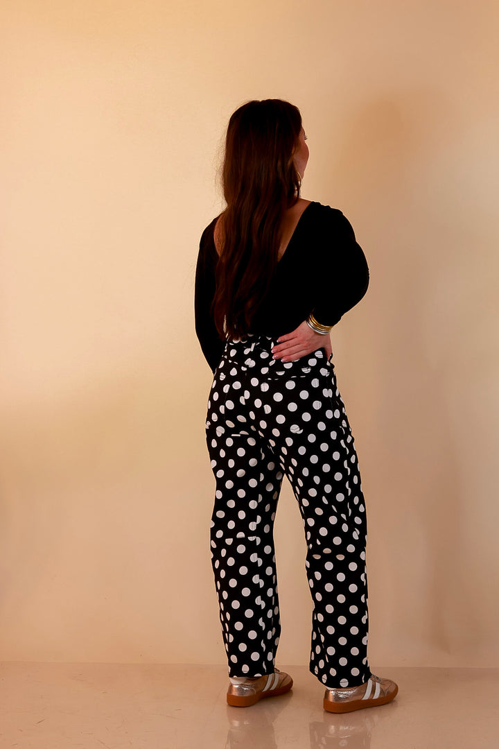 Just My Type Polka Dot Wide Leg Barrel Jeans with Drawstring Waist and Pockets in Black and White