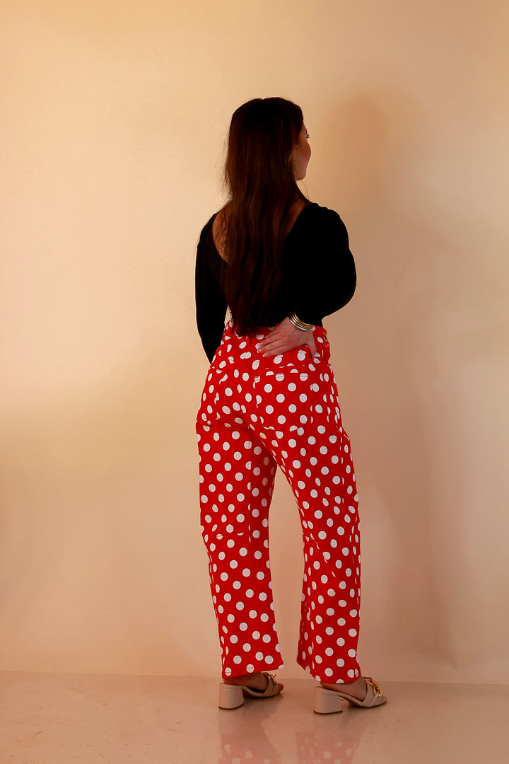 Just My Type Polka Dot Wide Leg Barrel Jeans with Drawstring Waist and Pockets in Red and White
