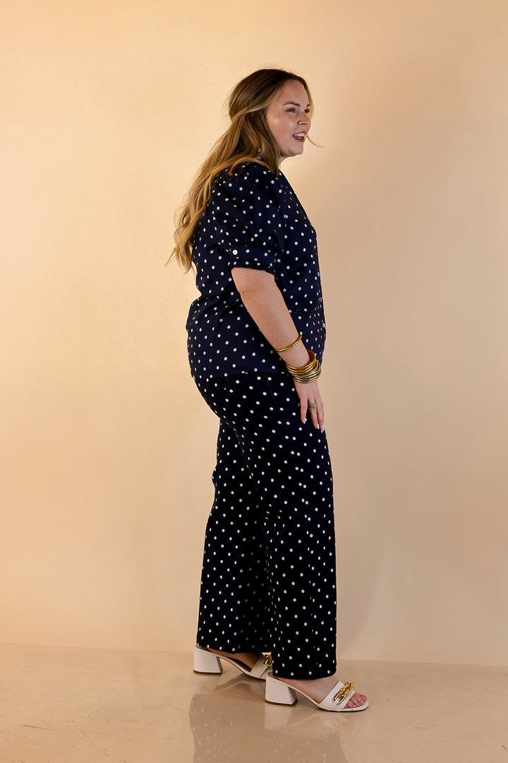 Poised and Polished Button Front Puff Sleeve Top with Polka Dot Print in Navy Blue and White
