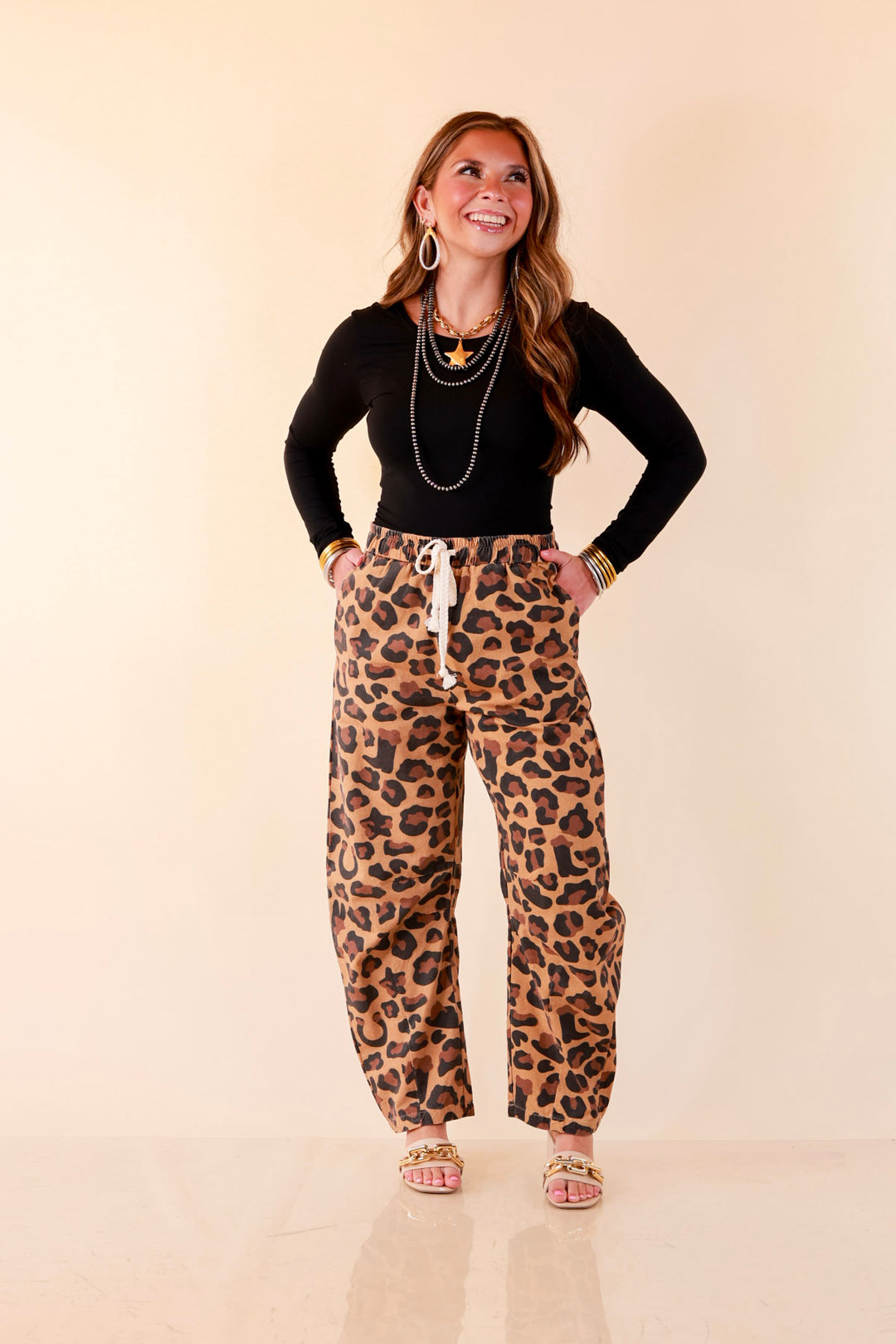 Modern Drama Leopard Print Wide Leg Barrel Jeans with Elastic Drawstring Waist in Camel Brown