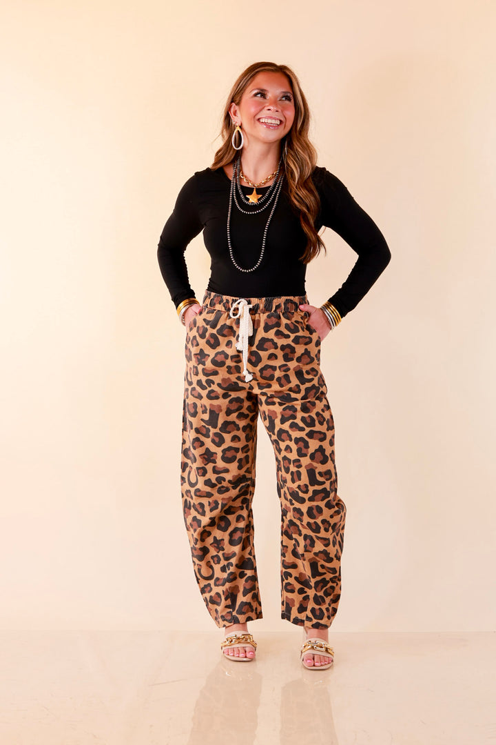 Modern Drama Leopard Print Wide Leg Barrel Jeans with Elastic Drawstring Waist in Camel Brown