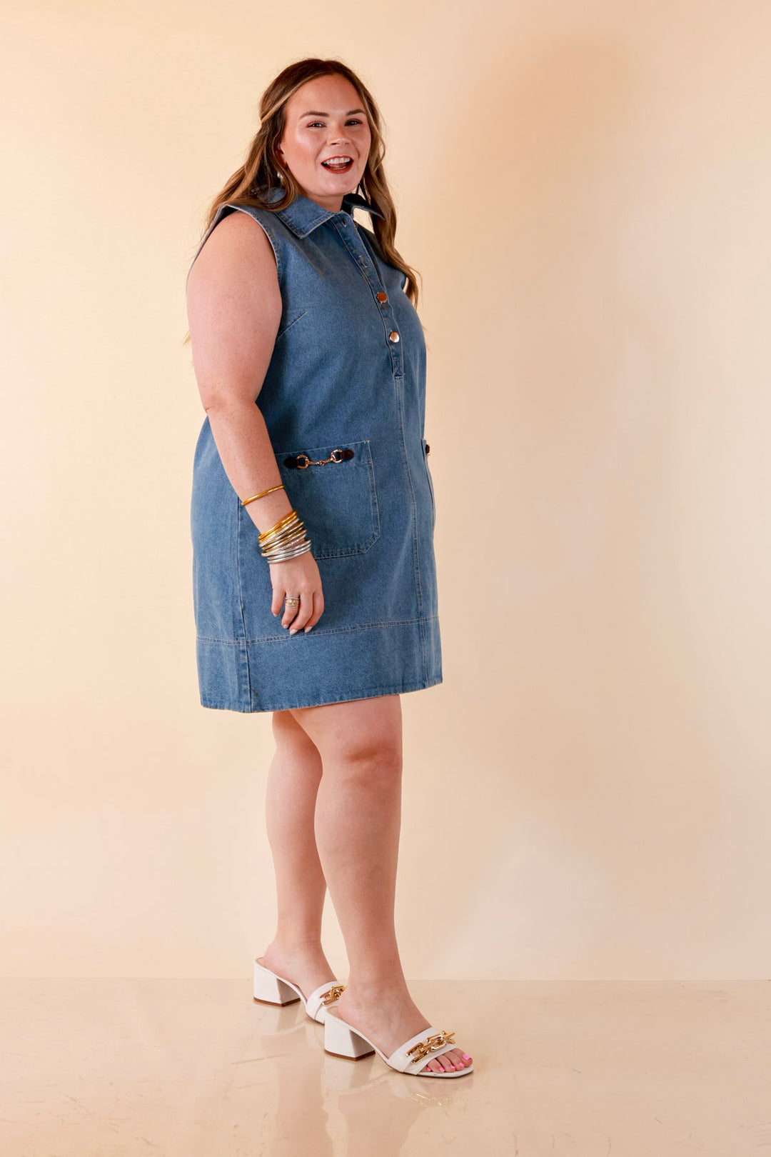 Easy on Repeat Collared Sleeveless Denim Dress with Horse Bit Detailing in Medium Wash