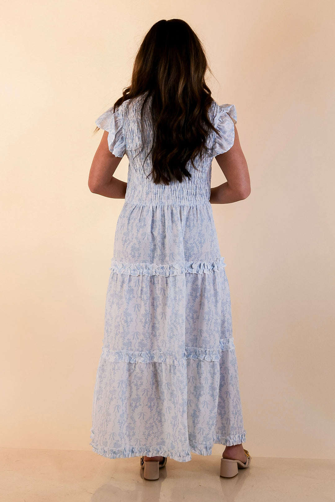 Mud Pie | Graceful Charm Smocked Toile Print Tiered Midi Dress with Ruffle Sleeves in Blue and White