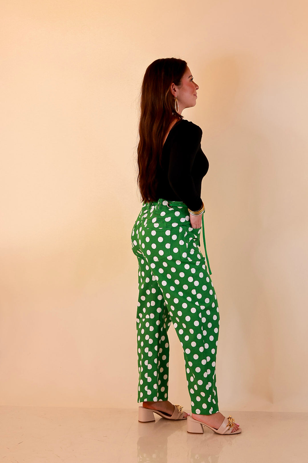 Just My Type Polka Dot Wide Leg Barrel Jeans with Drawstring Waist and Pockets in Green and White