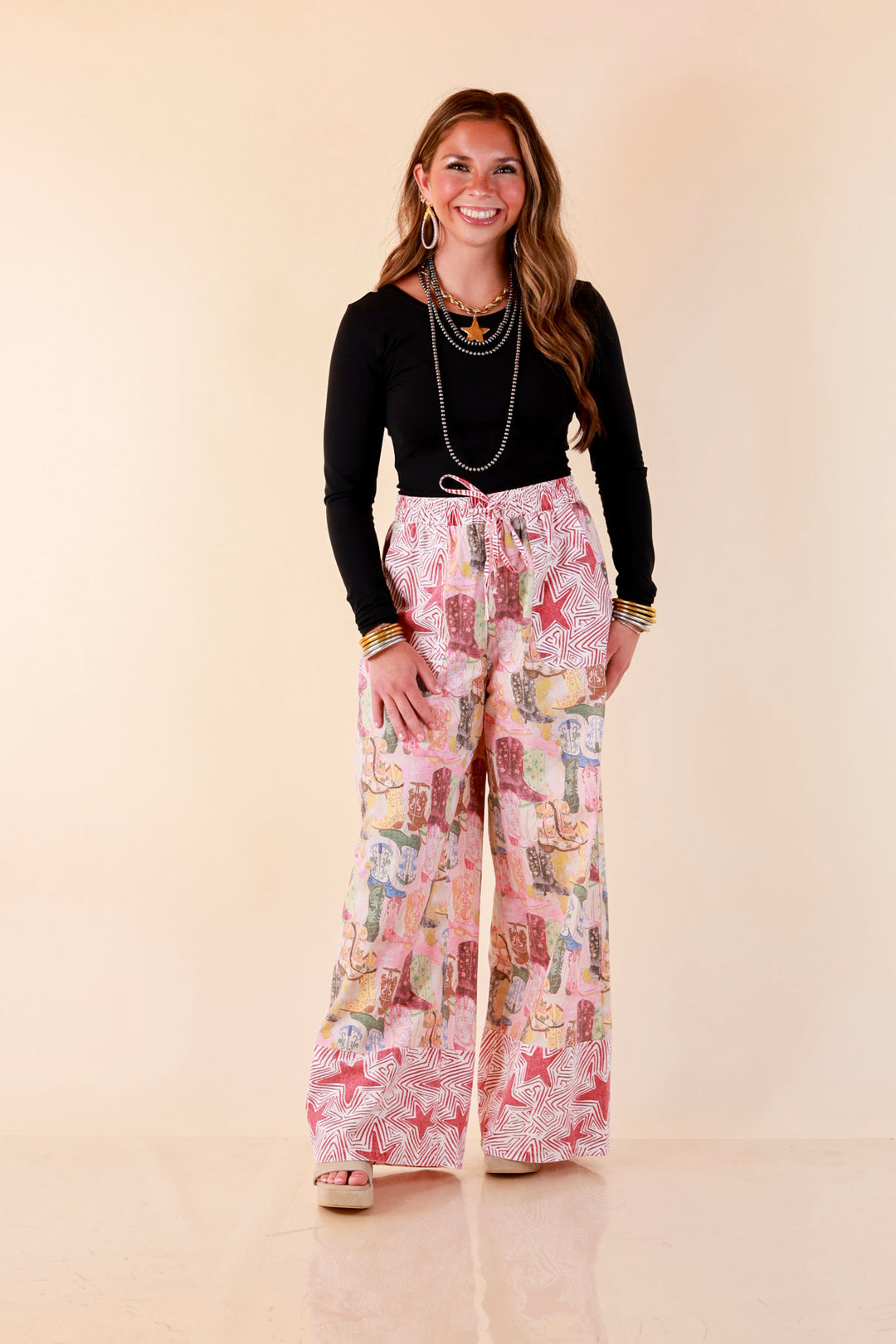 Pairs Well with Others Boots and Stars Mixed Print Drawstring Pants with Elastic Waistband in Red Mix