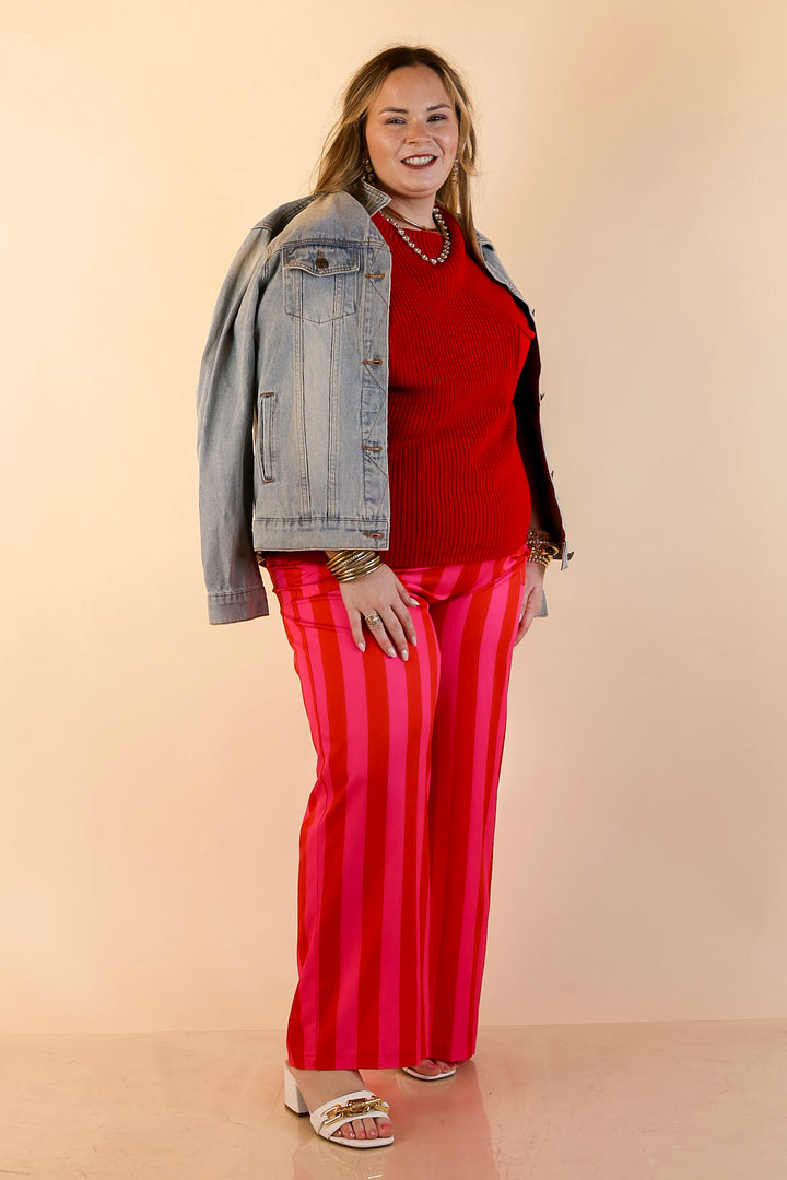 Electric Energy Elastic Waist Wide Leg Stripe Pants with Pockets in Pink and Red