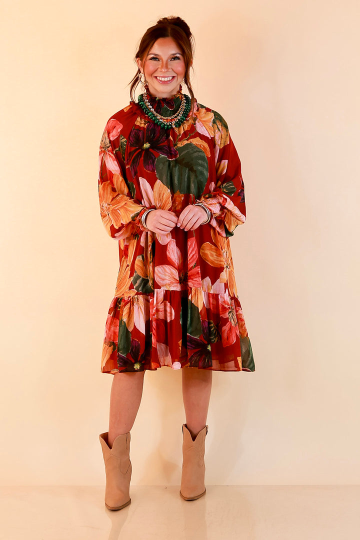Autumn Romance Ruffle Neck Long Sleeve Floral Peplum Dress in Rust Red Multi