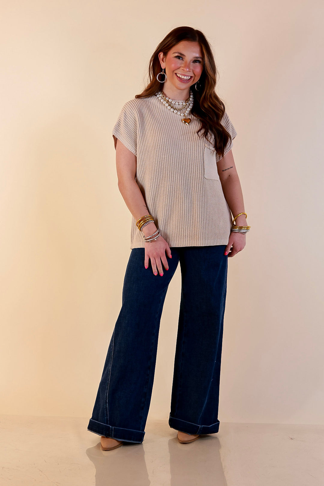 Repeat Ready Cap Sleeve Sweater with Front Pocket in Natural Beige