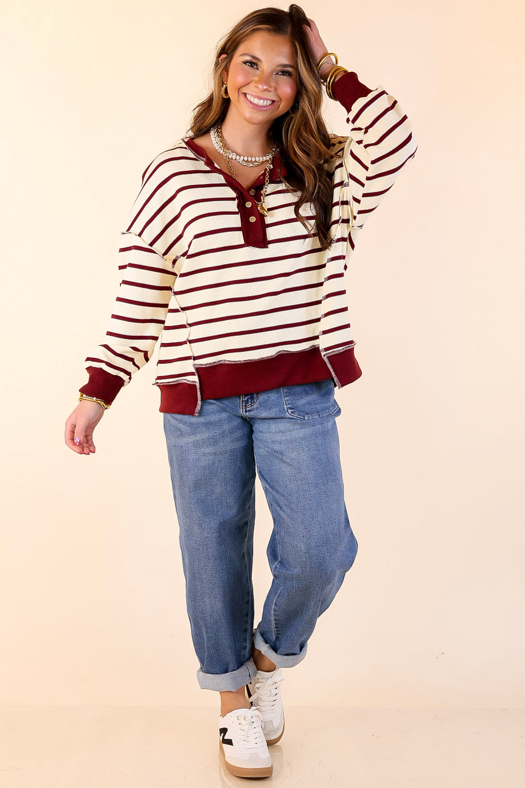 Casual Edge Long Sleeve Striped Henley Knit Top with Dropped Shoulders in Ivory with Maroon Stripes