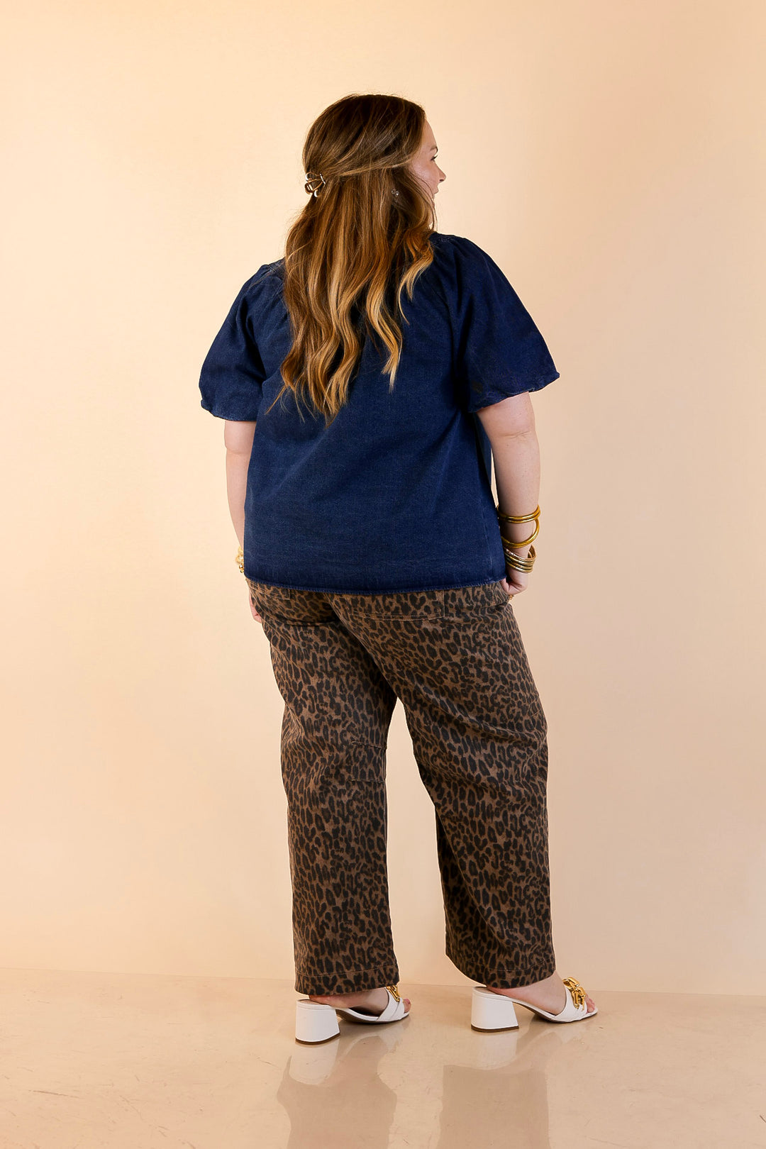 Tie the Moment Denim Pearl Snap Button Front Top with Statement Tie Neckline and Puff Sleeves in Medium Wash