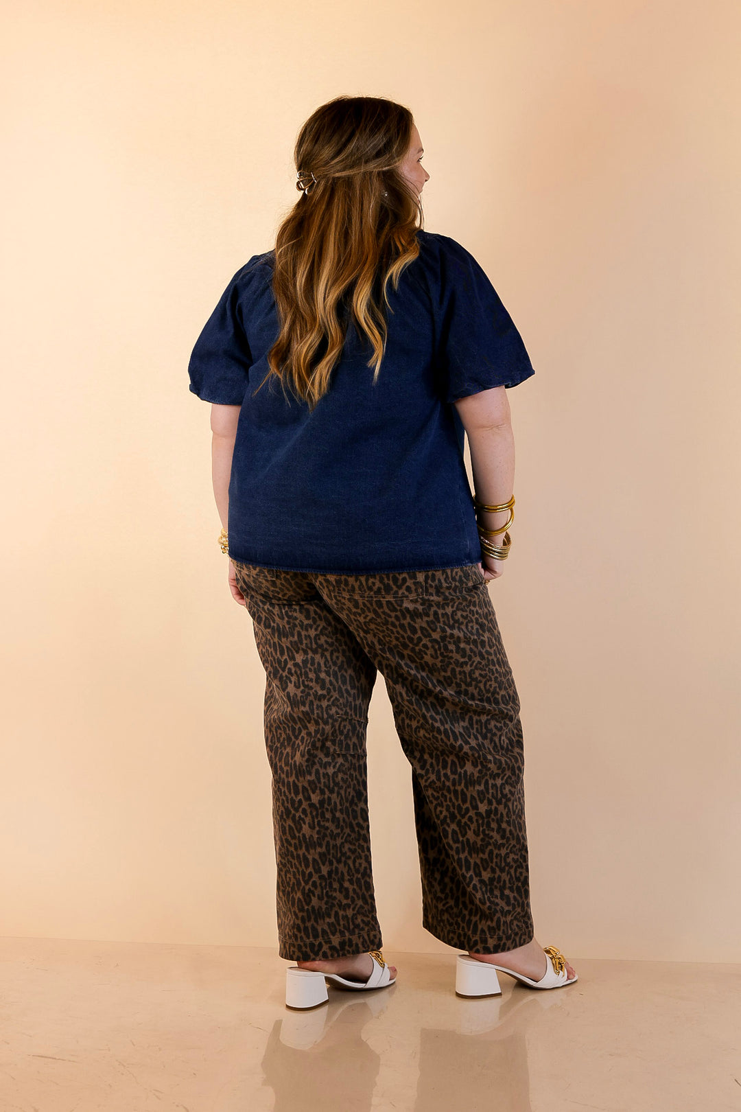 Risen | Wild Card Leopard Print Denim Barrel Jeans in Brown
