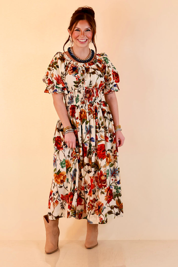 Autumn in the Air Puff Sleeve Smocked Waist Floral Print Tiered Midi Dress in Ivory Multi