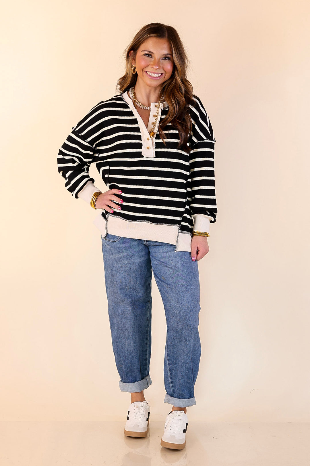 Casual Edge Long Sleeve Striped Henley Knit Top with Dropped Shoulders in Black with Ivory Stripes