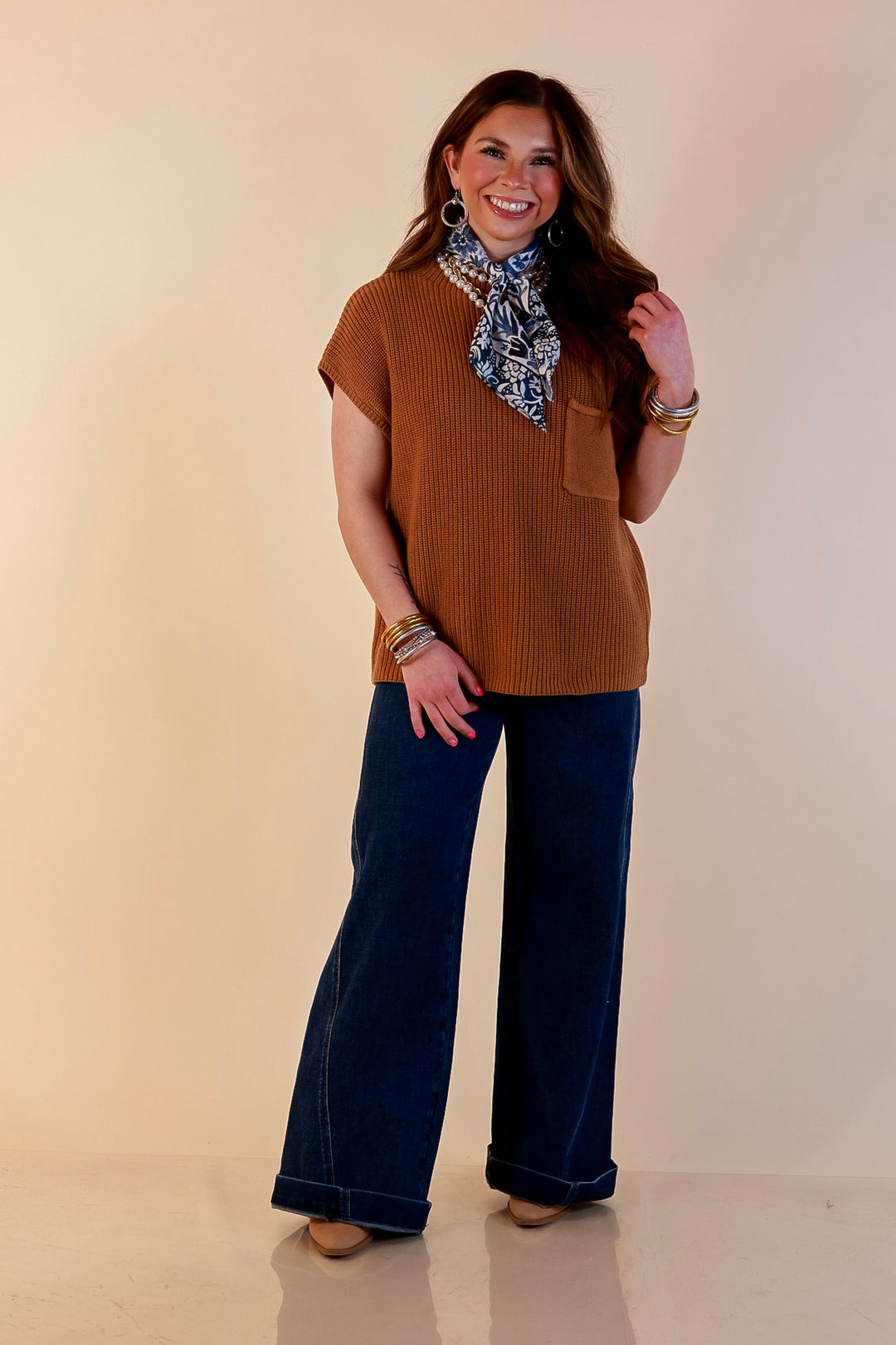 Repeat Ready Cap Sleeve Sweater with Front Pocket in Camel Brown