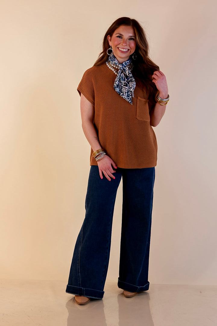 Repeat Ready Cap Sleeve Sweater with Front Pocket in Camel Brown