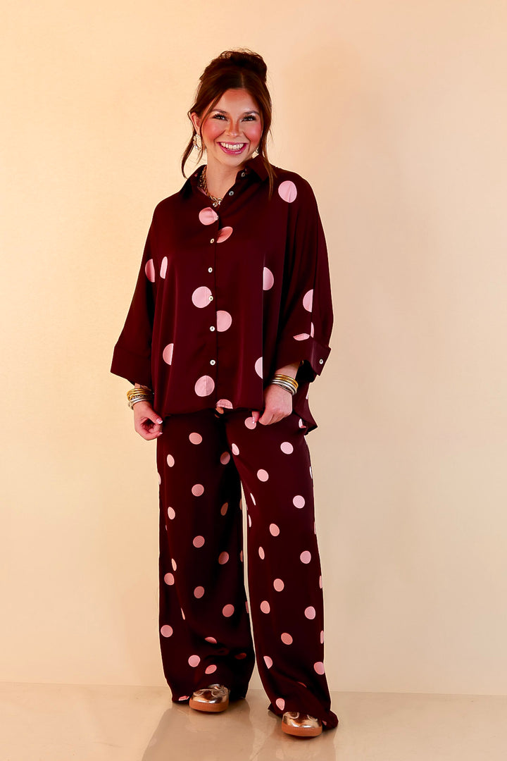 Two of a Kind Oversized Long Sleeve Button Down Blush Pink Polka Dot Blouse in Maroon