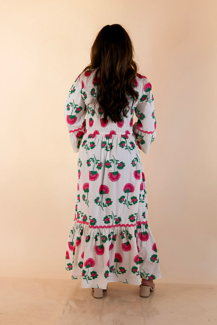 Mud Pie | Petal Parade Smocked Floral Print Tiered Midi Dress with Scallop Trim in Cream Multi