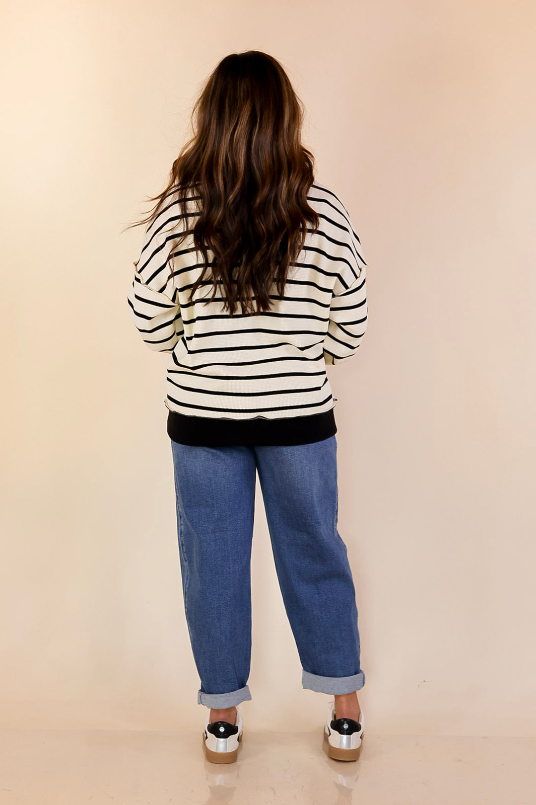 Casual Edge Long Sleeve Striped Henley Knit Top with Dropped Shoulders in Ivory with Black Stripes