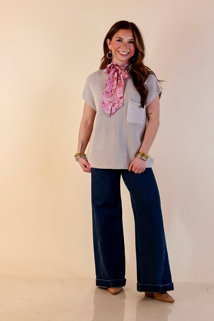 Repeat Ready Cap Sleeve Sweater with Front Pocket in Stone Beige