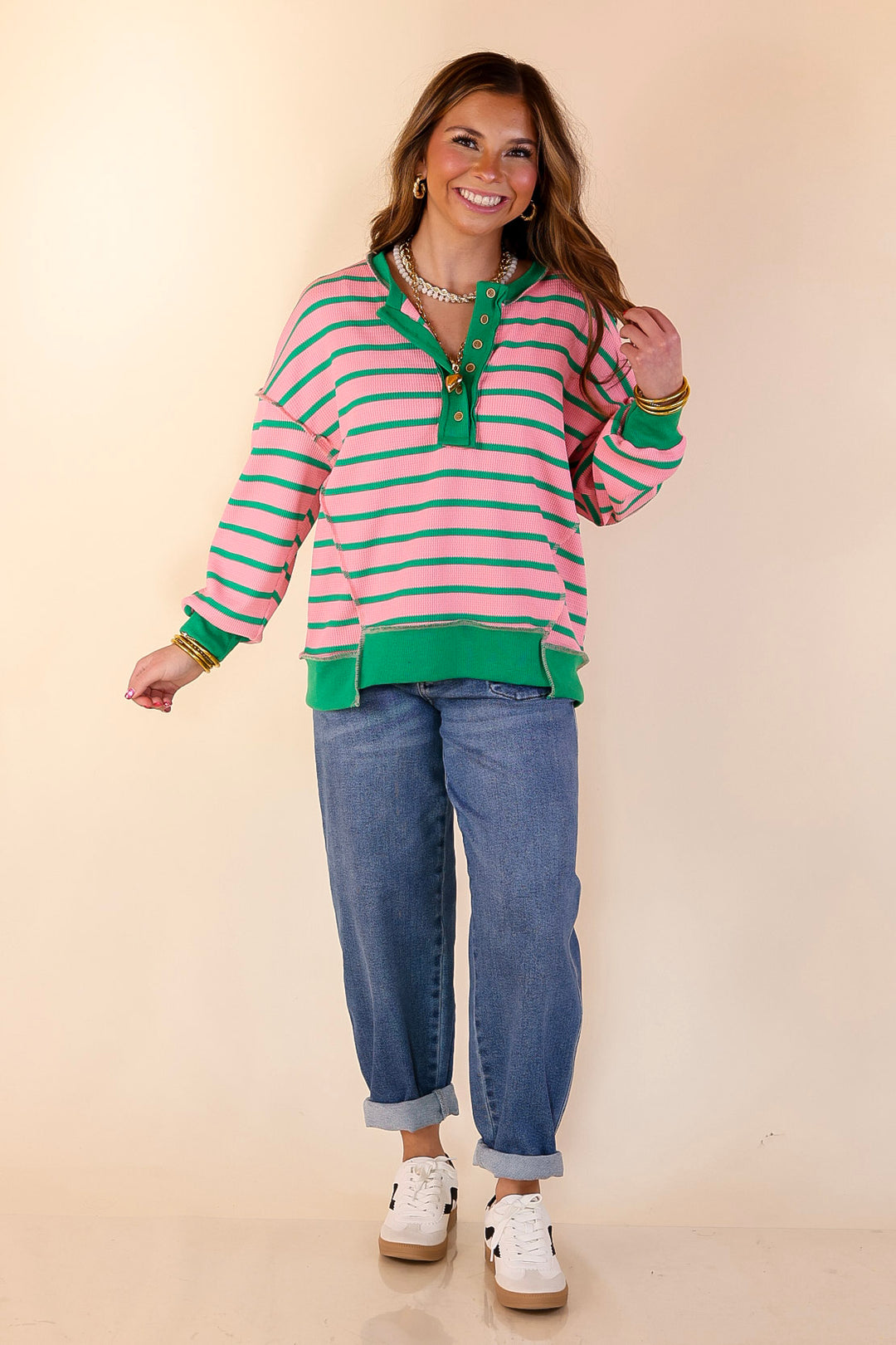 Casual Edge Long Sleeve Striped Henley Knit Top with Dropped Shoulders in Pink with Green Stripes