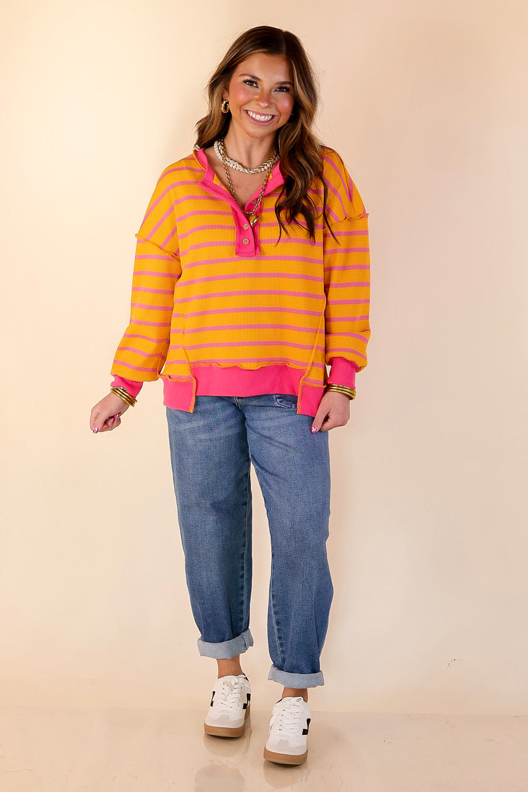 Casual Edge Long Sleeve Striped Henley Knit Top with Dropped Shoulders in Orange with Pink Stripes