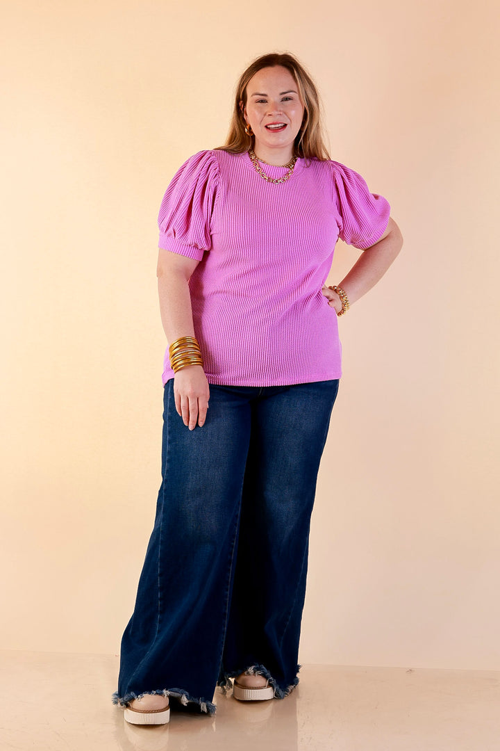 Sweet Sophistication Puff Short Sleeve Ribbed Top with Scoop Neck in Violet Purple