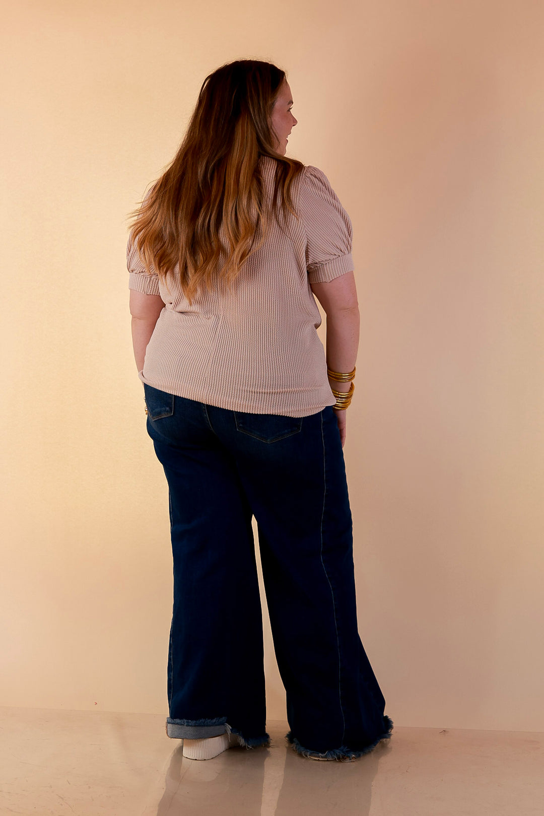 Sweet Sophistication Puff Short Sleeve Ribbed Top with Scoop Neck in Beige