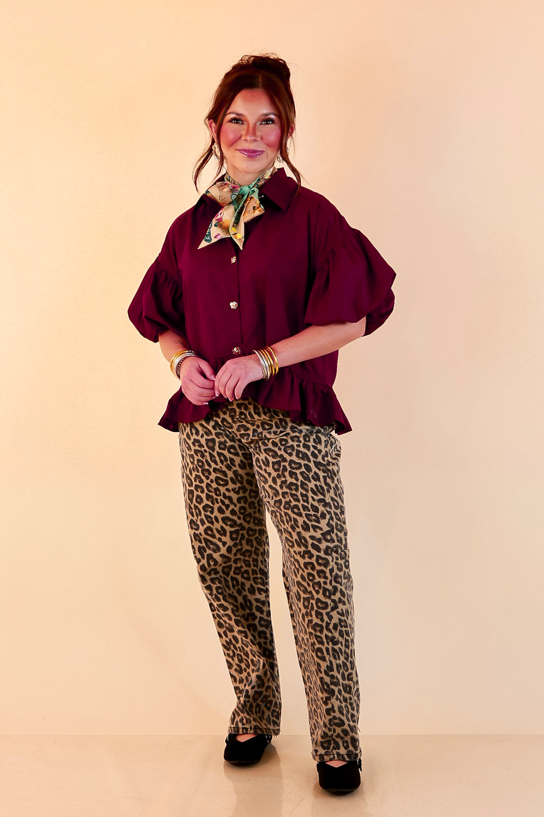 Style in Session Solid Button Down Peplum Bubble Sleeve Top in Maroon