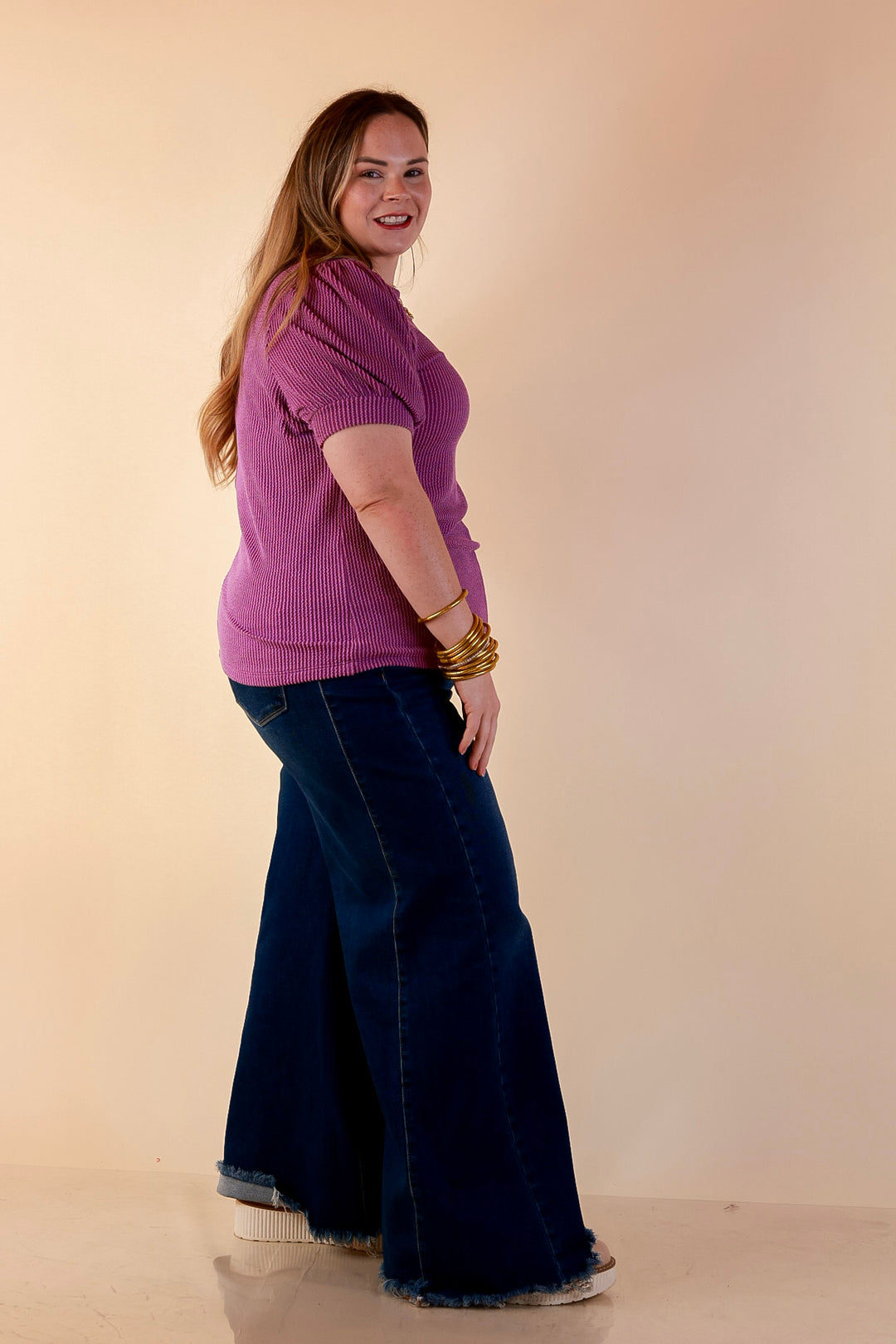 Sweet Sophistication Puff Short Sleeve Ribbed Top with Scoop Neck in Purple