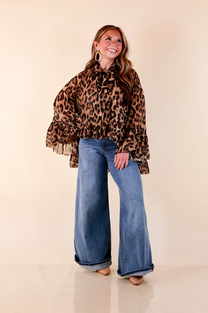 Flirt Factor Long Sleeve Sheer Blouse with Bell Sleeves and Ruffle Detailing and Tie Collar in Leopard Print