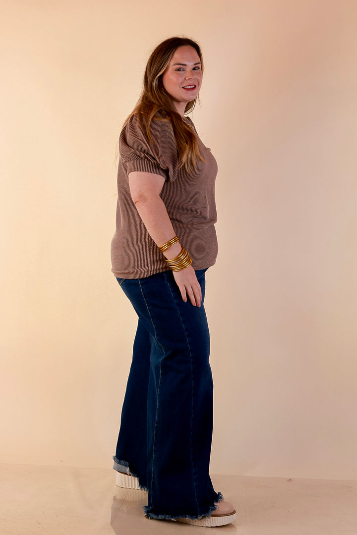 Sweet Sophistication Puff Short Sleeve Ribbed Top with Scoop Neck in Mocha Brown