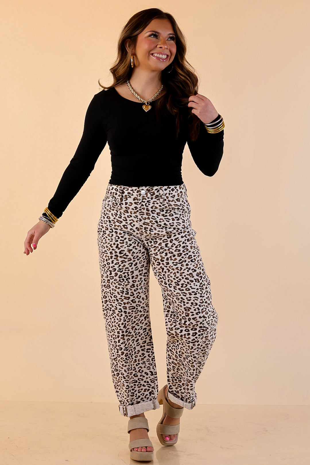 Risen | Wild Intentions Leopard Print Barrel Jeans in Ivory and Brown