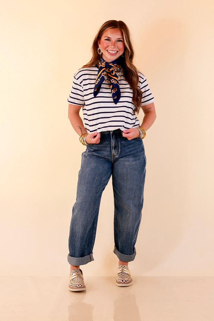 The Daily Stripe Scoop Neck Short Sleeve Striped Tee Top in Navy Blue