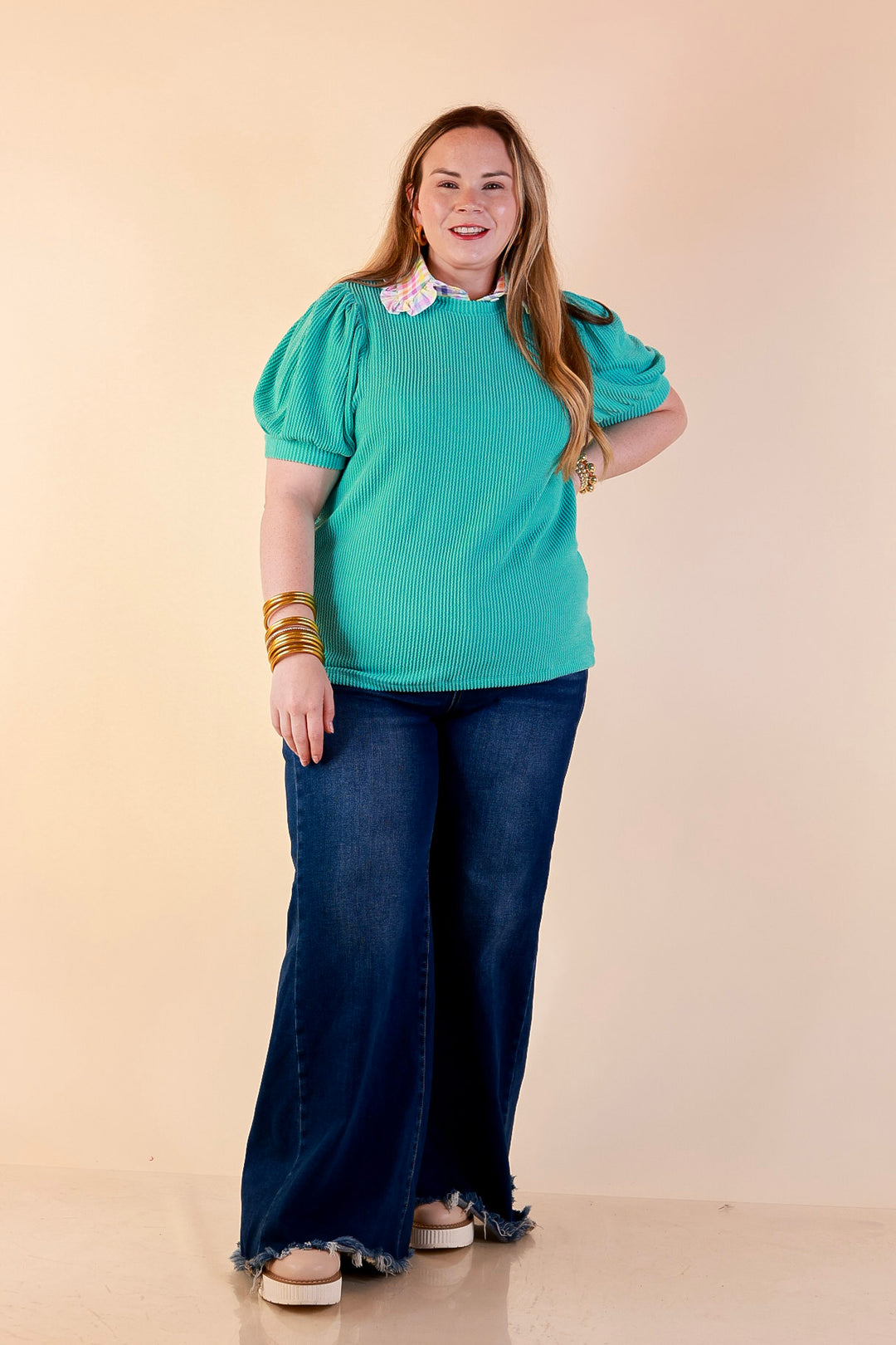Sweet Sophistication Puff Short Sleeve Ribbed Top with Scoop Neck in Turquoise Blue