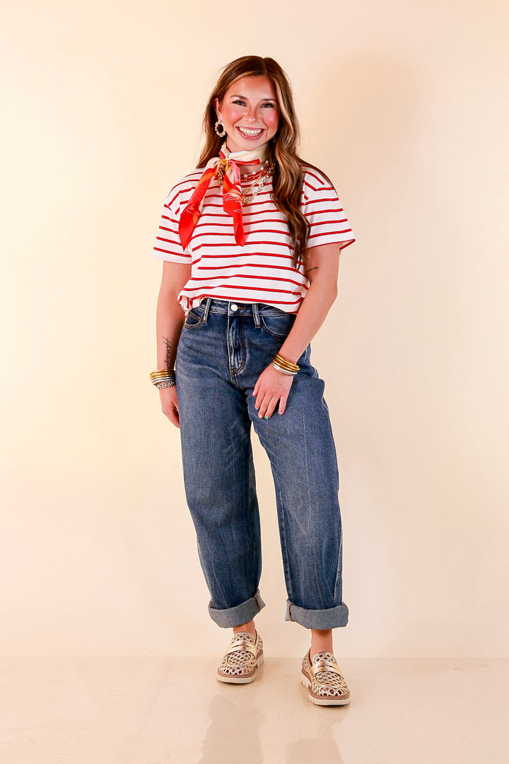 The Daily Stripe Scoop Neck Short Sleeve Striped Tee Top in Red