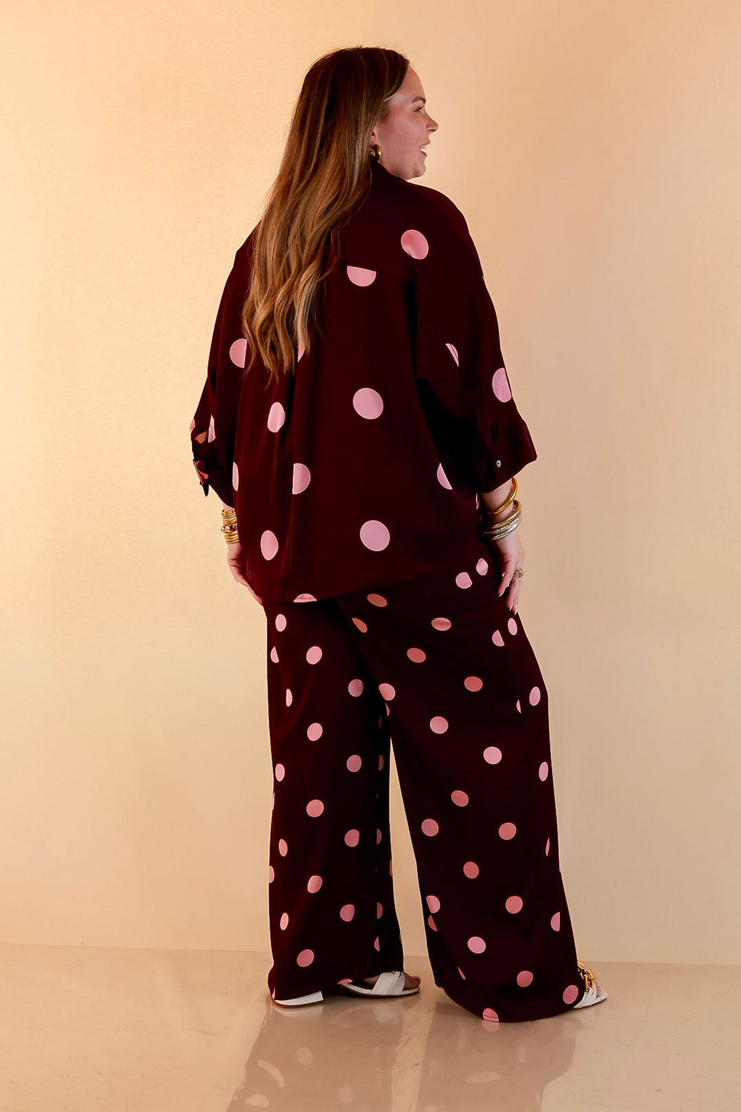 Two of a Kind Full Length Wide Leg Pull-On Drawstring Blush Pink Polka Dot Pants in Maroon