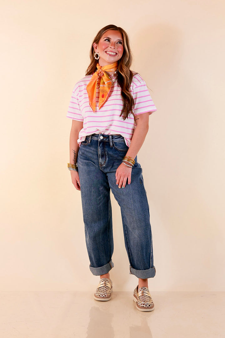 The Daily Stripe Scoop Neck Short Sleeve Striped Tee Top in Lilac Pink