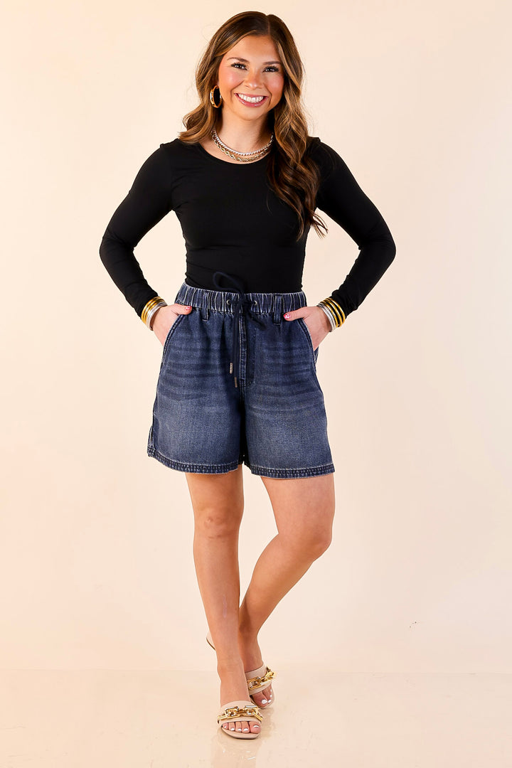 Judy Blue | Easy Company Featherweight Drawstring Denim Shorts in Dark Wash