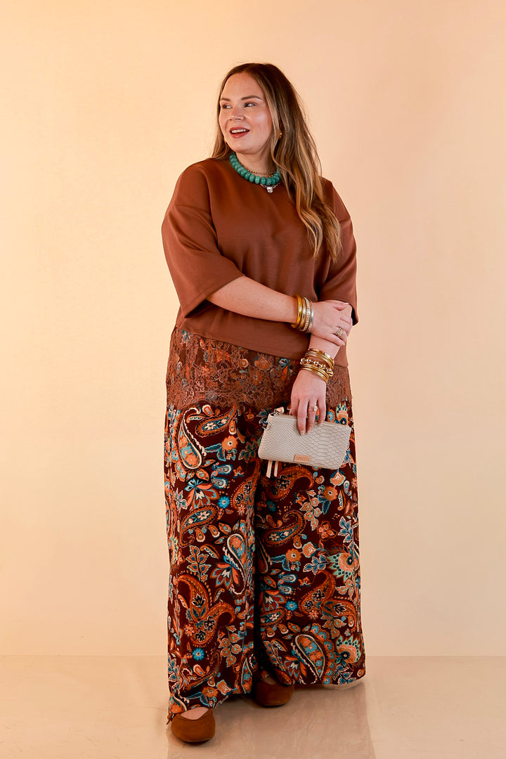 Laced with Charm Oversized Asymmetrical Lace Trim Boxy Top in Coco Brown