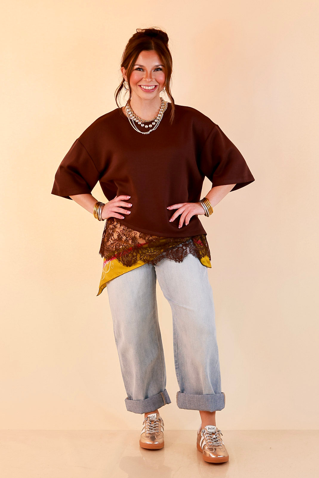 Laced with Charm Oversized Asymmetrical Lace Trim Boxy Top in Chocolate Brown