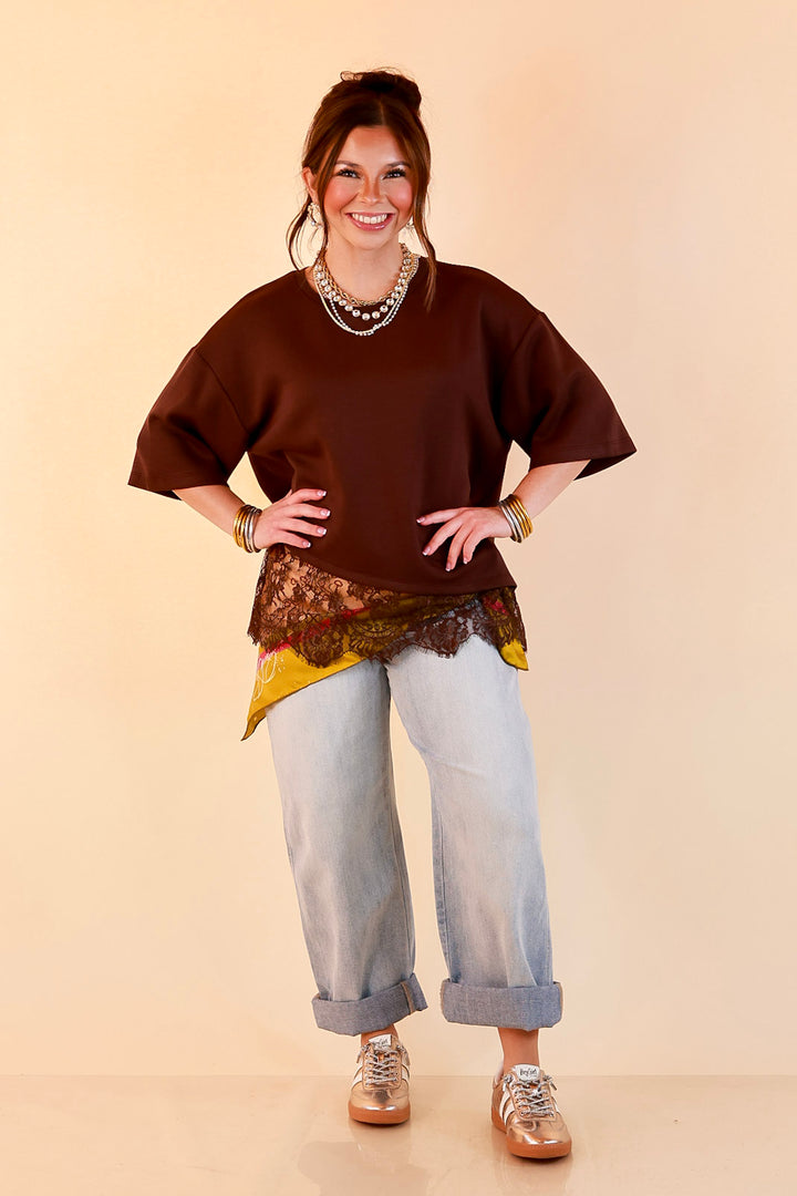 Laced with Charm Oversized Asymmetrical Lace Trim Boxy Top in Chocolate Brown