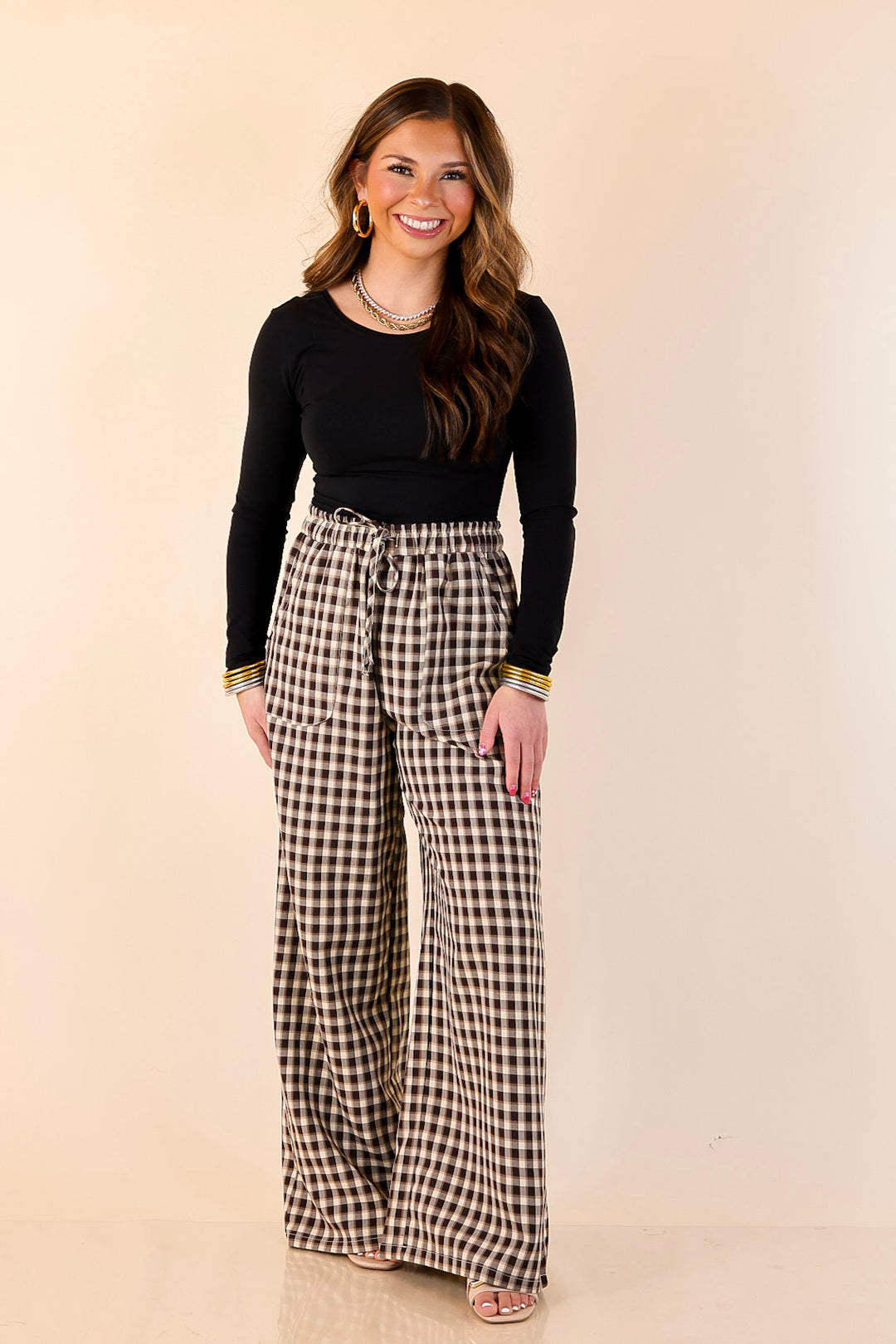 Pairs Well with Others Plaid Checkered Print Drawstring Pants with Elastic Waistband in Ivory