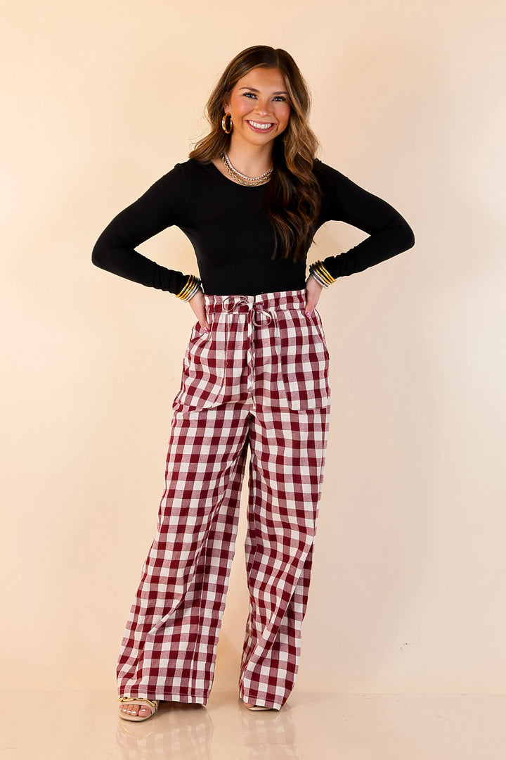 Pairs Well with Others Gingham Print Drawstring Pants with Elastic Waistband in Ivory and Maroon