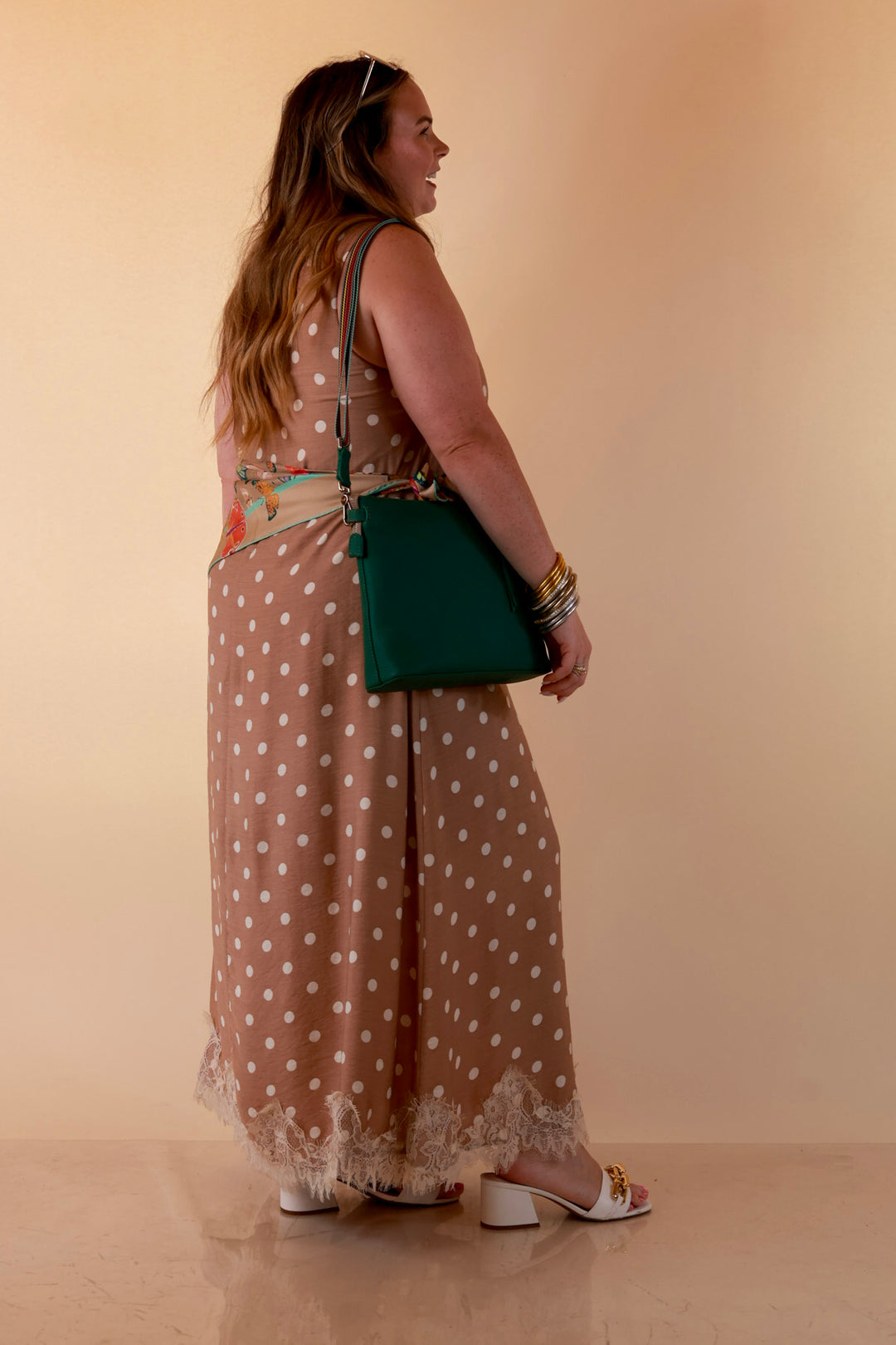 Sweet Little Something Polka Dot Sleeveless Maxi Dress with Lace Trim in Tan