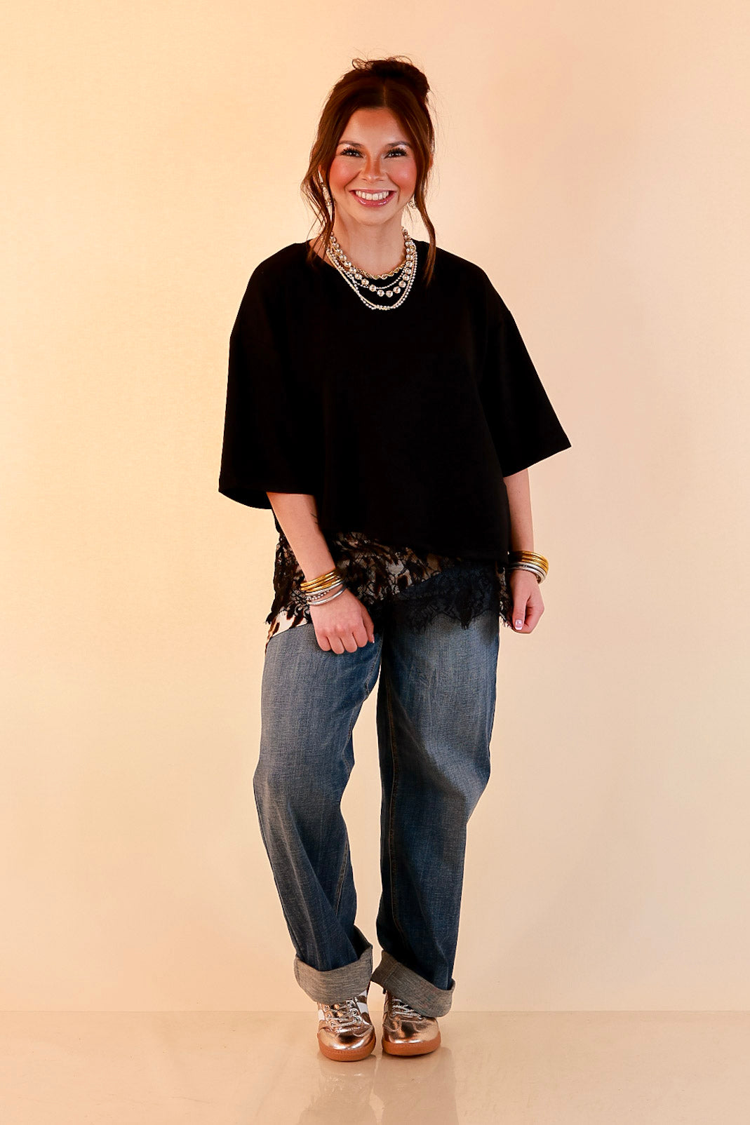 Laced with Charm Oversized Asymmetrical Lace Trim Boxy Top in Black