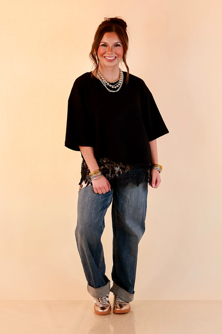 Laced with Charm Oversized Asymmetrical Lace Trim Boxy Top in Black