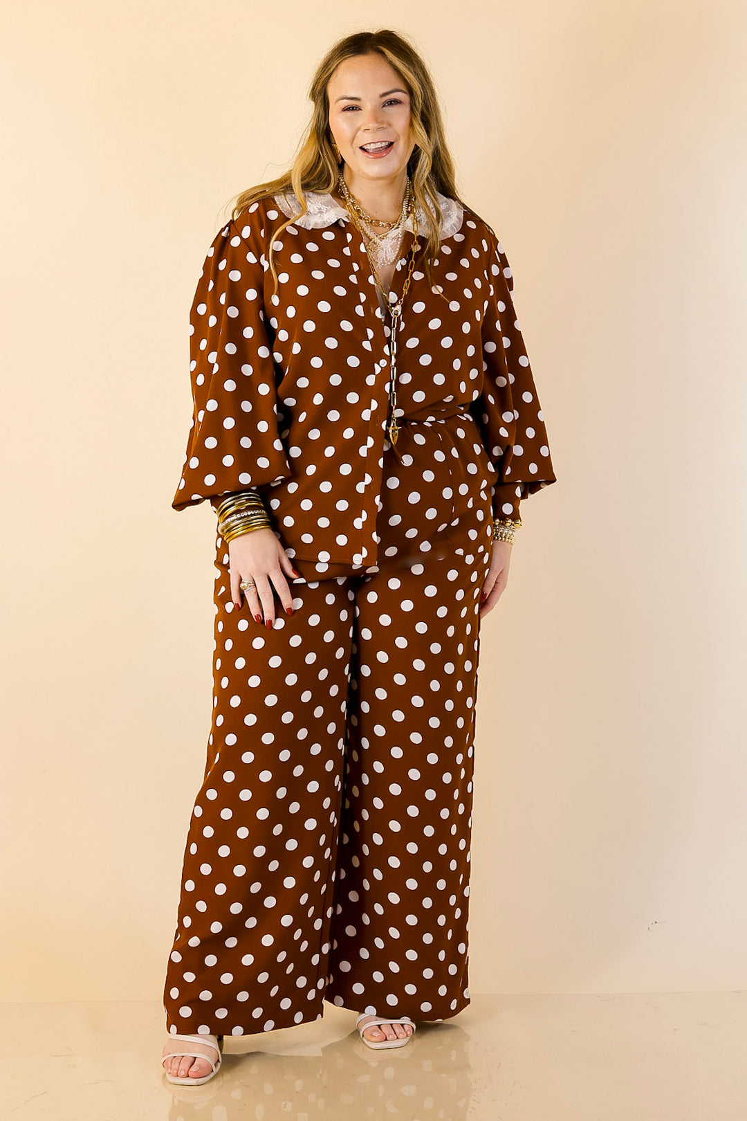Better Together Polka Dot Button Up Collared Top with Poofy Sleeves in Brown