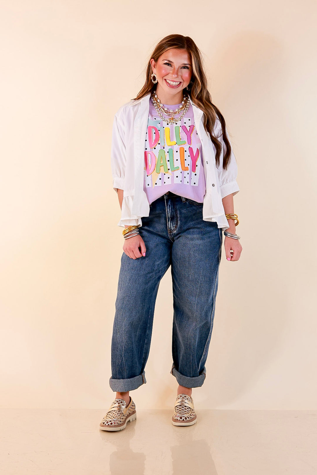 Here for the Fun "Dilly Dally" Stripe, Star and Polka Dot Print Short Sleeve Graphic Tee in Lavender Purple