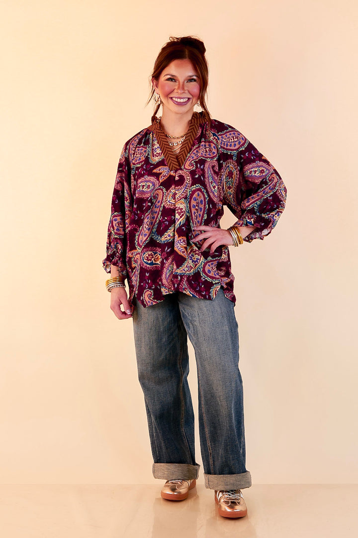 Caught My Eye Ruffle Contrast Stripe Detail Neck Balloon Sleeve Paisley Print Blouse in Plum Purple Mix